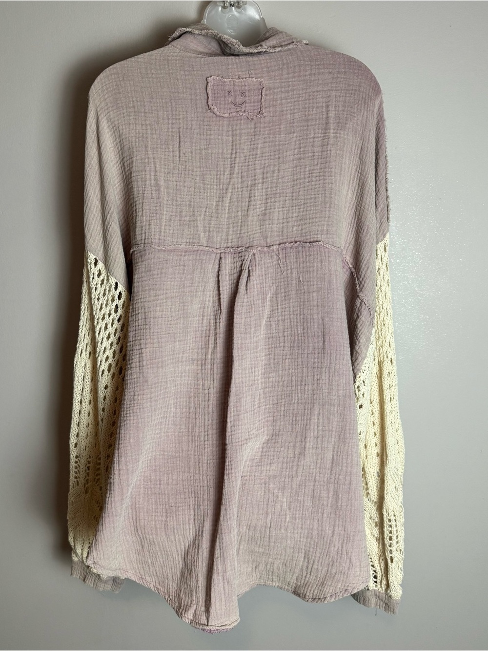 NWT POL Crochet Lantern Drop Sleeve Gauze Distressed Shacket Size Medium - Picture 11 of 13